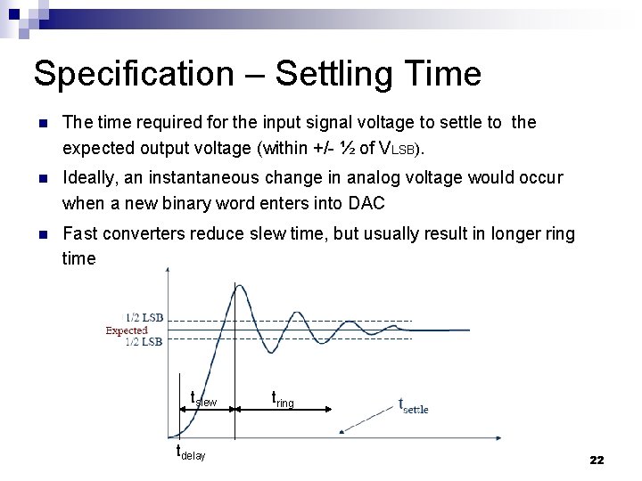Specification – Settling Time n The time required for the input signal voltage to