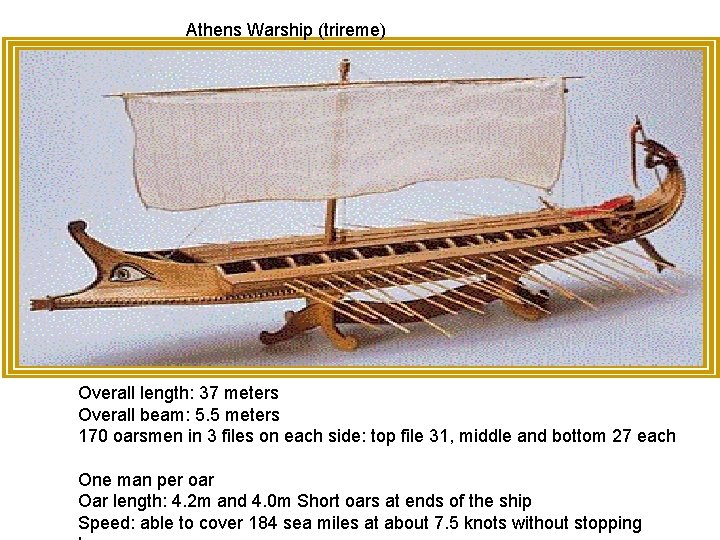 Athens Warship (trireme) Overall length: 37 meters Overall beam: 5. 5 meters 170 oarsmen
