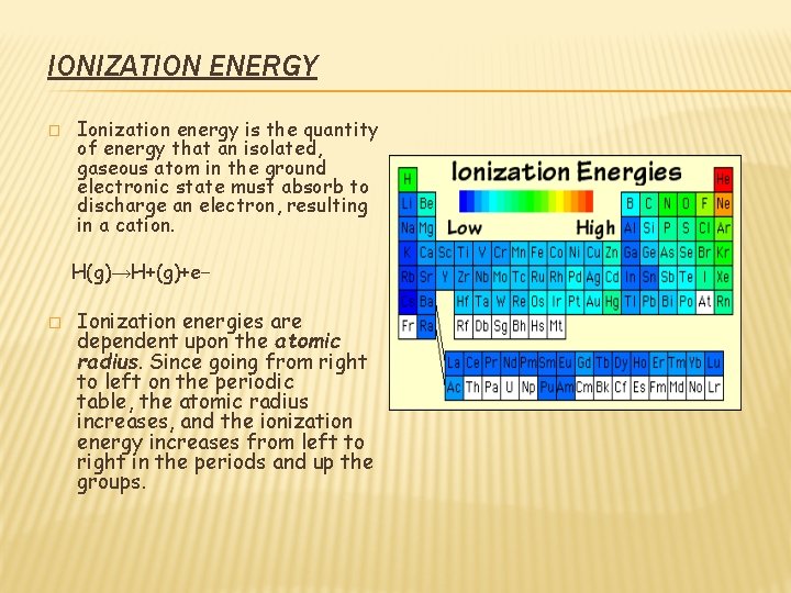 IONIZATION ENERGY � Ionization energy is the quantity of energy that an isolated, gaseous