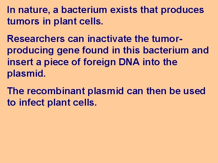 In nature, a bacterium exists that produces tumors in plant cells. Researchers can inactivate