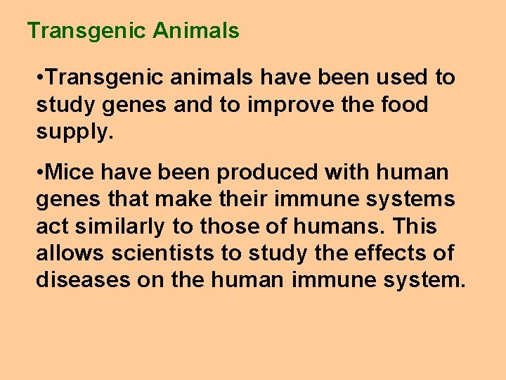 Transgenic Animals • Transgenic animals have been used to study genes and to improve