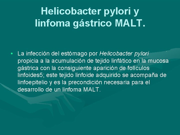 Helicobacter pylori y linfoma gástrico MALT. • La infección del estómago por Helicobacter pylori