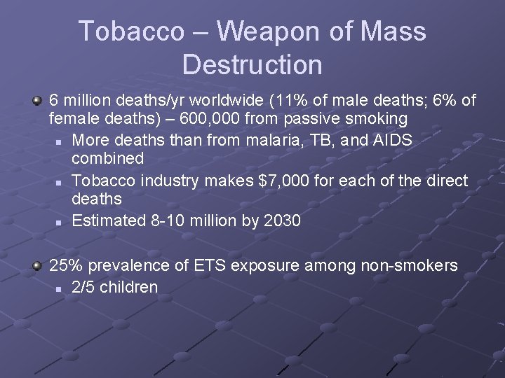 Tobacco – Weapon of Mass Destruction 6 million deaths/yr worldwide (11% of male deaths;