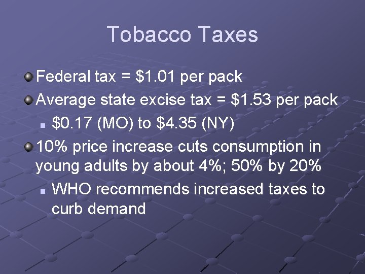 Tobacco Taxes Federal tax = $1. 01 per pack Average state excise tax =