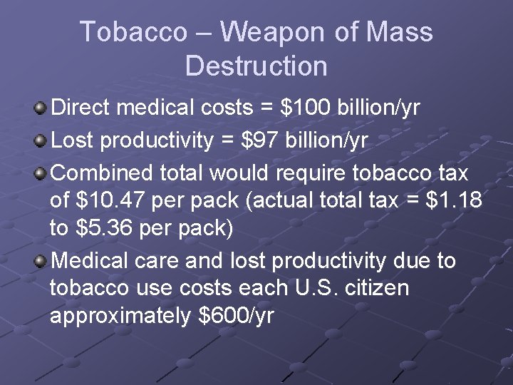 Tobacco – Weapon of Mass Destruction Direct medical costs = $100 billion/yr Lost productivity