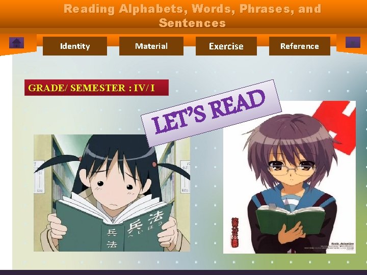 Reading Alphabets, Words, Phrases, and Sentences Identity Exercise Material GRADE/ SEMESTER : IV/ I