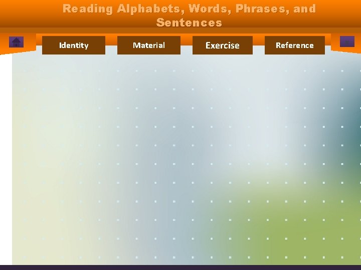 Reading Alphabets, Words, Phrases, and Sentences Identity Material Exercise Reference x 