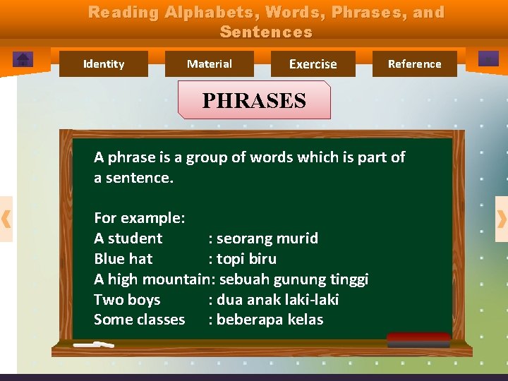 Reading Alphabets, Words, Phrases, and Sentences Identity Material Exercise Reference PHRASES A phrase is