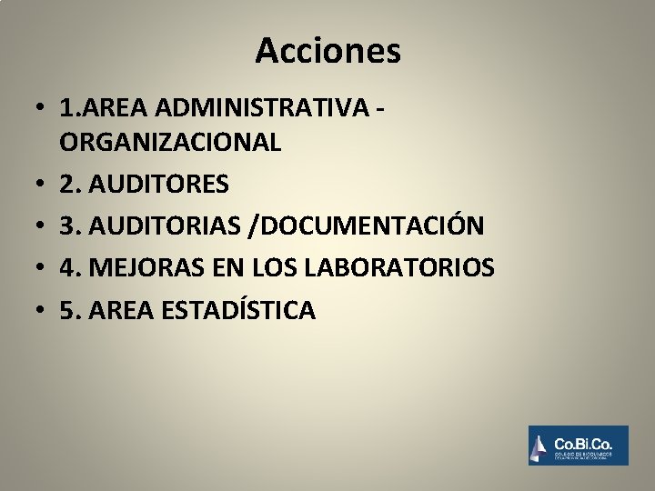 Acciones • 1. AREA ADMINISTRATIVA ORGANIZACIONAL • 2. AUDITORES • 3. AUDITORIAS /DOCUMENTACIÓN •