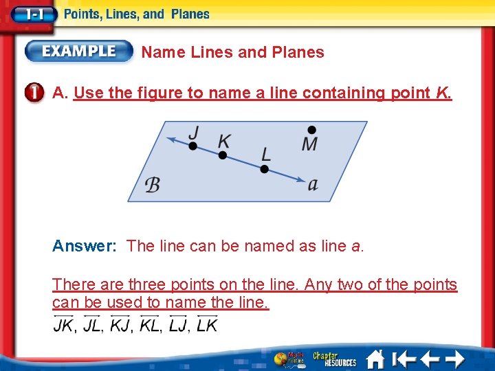 Name Lines and Planes A. Use the figure to name a line containing point