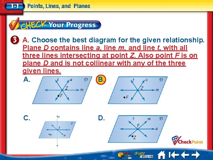 A. Choose the best diagram for the given relationship. Plane D contains line a,