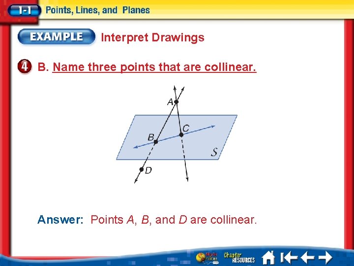 Interpret Drawings B. Name three points that are collinear. Answer: Points A, B, and