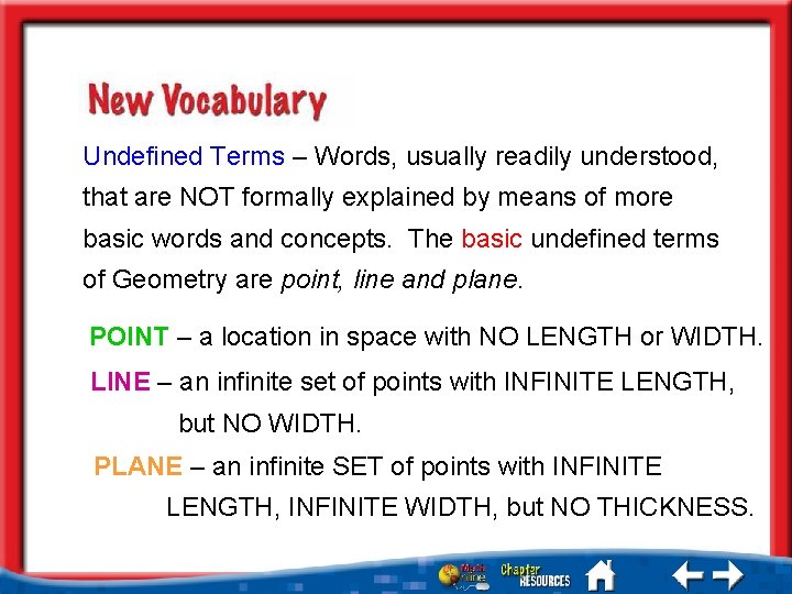 Undefined Terms – Words, usually readily understood, that are NOT formally explained by means