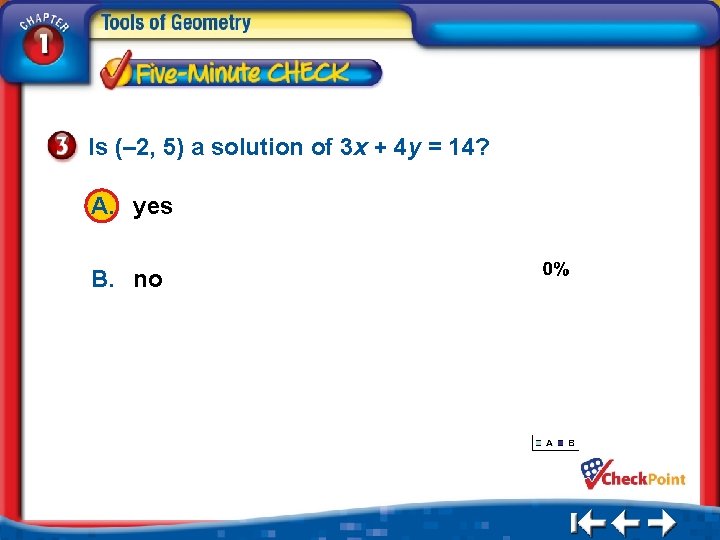 Is (– 2, 5) a solution of 3 x + 4 y = 14?