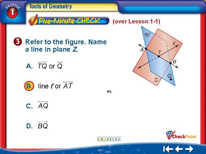 (over Lesson 1 -1) Refer to the figure. Name a line in plane Z.