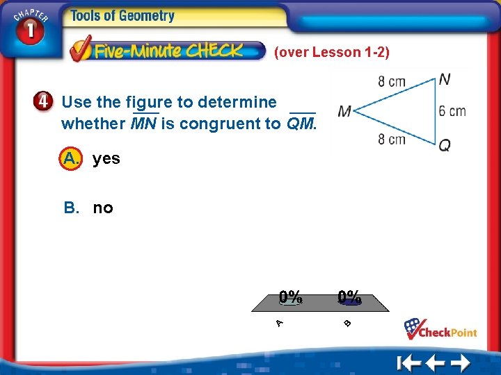 (over Lesson 1 -2) Use the figure to determine whether MN is congruent to