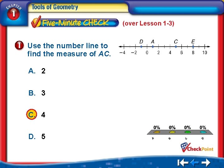 (over Lesson 1 -3) Use the number line to find the measure of AC.
