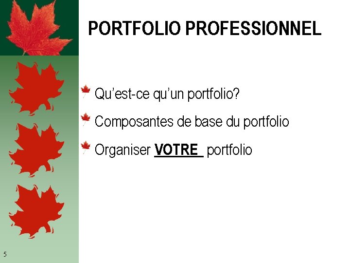 PORTFOLIO PROFESSIONNEL Qu’est-ce qu’un portfolio? Composantes de base du portfolio Organiser VOTRE portfolio 5