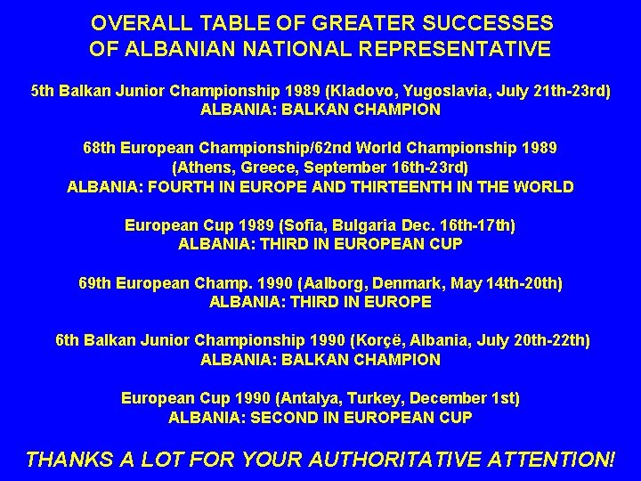 OVERALL TABLE OF GREATER SUCCESSES OF ALBANIAN NATIONAL REPRESENTATIVE 5 th Balkan Junior Championship