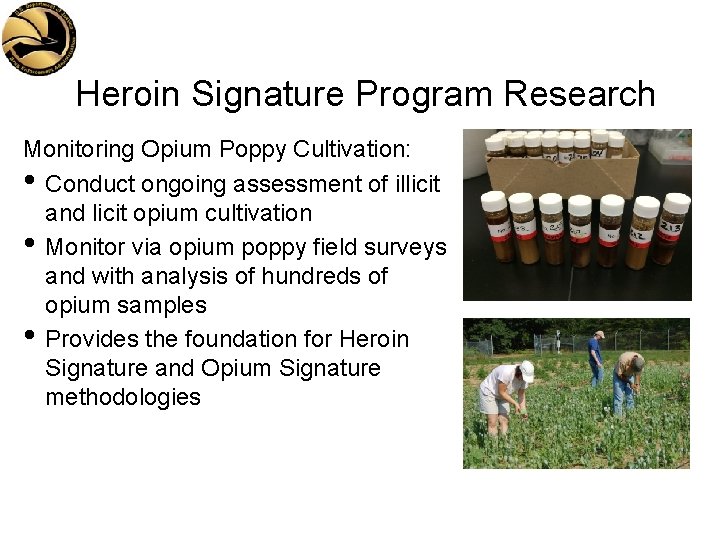 Heroin Signature Program Research Monitoring Opium Poppy Cultivation: • Conduct ongoing assessment of illicit