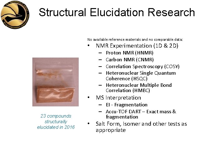 Structural Elucidation Research No available reference materials and no comparable data: • NMR Experimentation