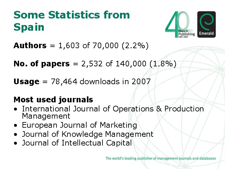 Some Statistics from Spain Authors = 1, 603 of 70, 000 (2. 2%) No.