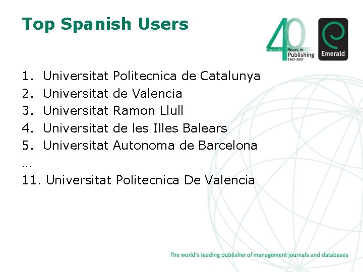 Top Spanish Users 1. Universitat Politecnica de Catalunya 2. Universitat de Valencia 3. Universitat