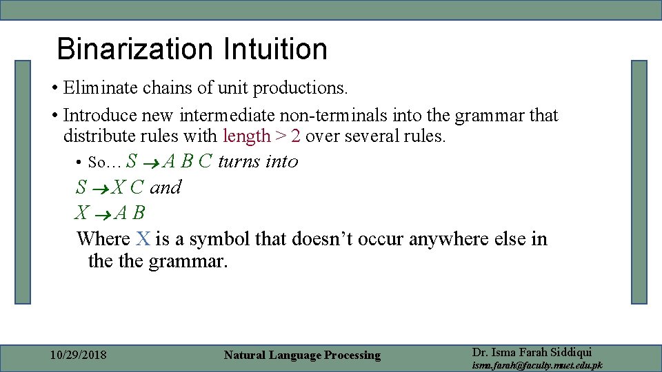 Binarization Intuition • Eliminate chains of unit productions. • Introduce new intermediate non-terminals into