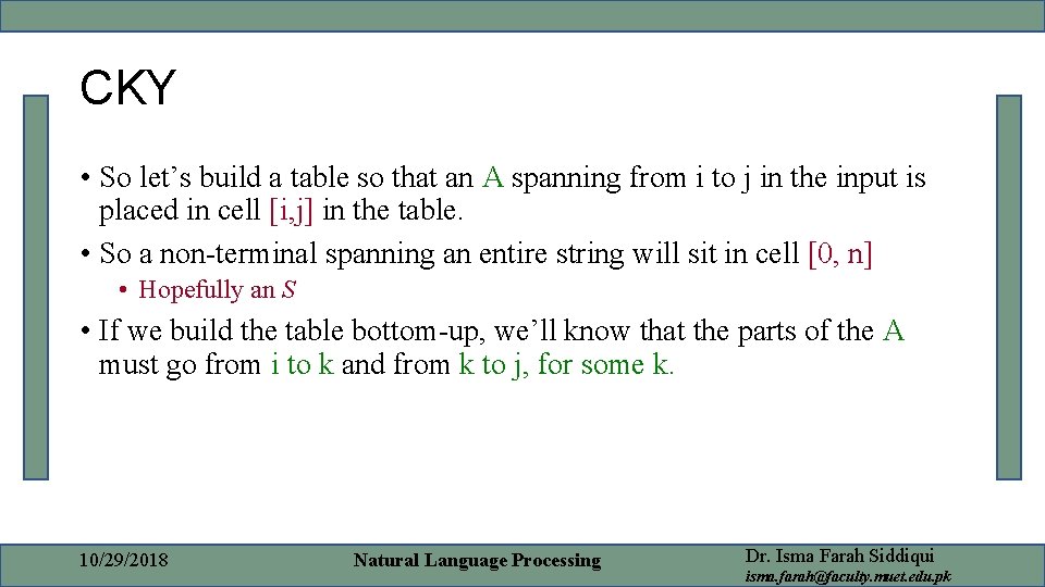 CKY • So let’s build a table so that an A spanning from i