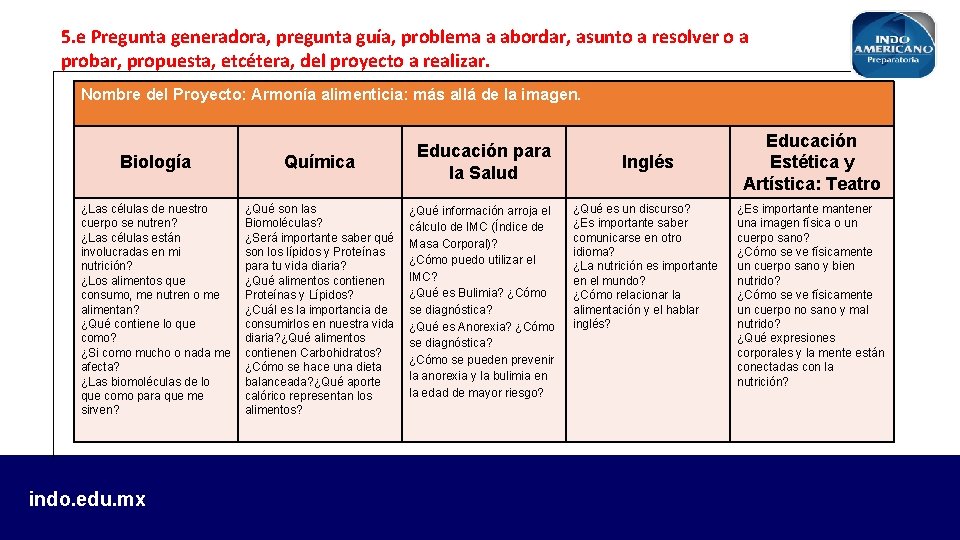 5. e Pregunta generadora, pregunta guía, problema a abordar, asunto a resolver o a