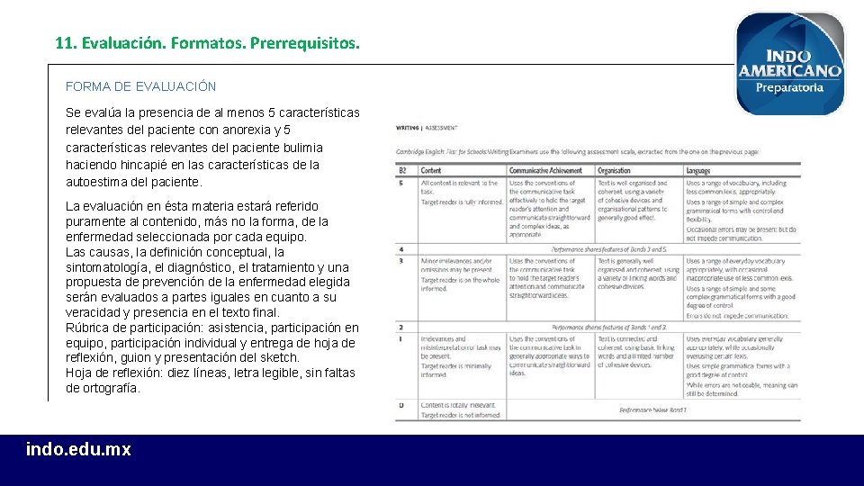 11. Evaluación. Formatos. Prerrequisitos. FORMA DE EVALUACIÓN Se evalúa la presencia de al menos