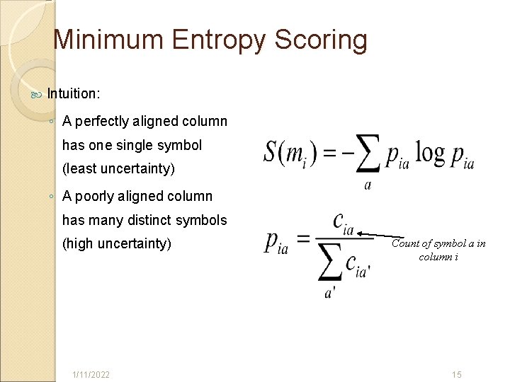 Minimum Entropy Scoring Intuition: ◦ A perfectly aligned column has one single symbol (least