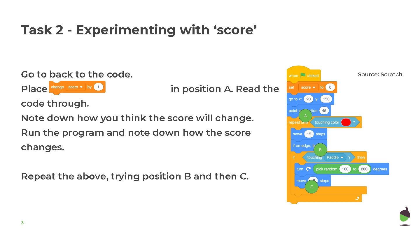 Task 2 - Experimenting with ‘score’ Go to back to the code. Place Source: Task 2 - Experimenting with ‘score’ Go to back to the code. Place Source: