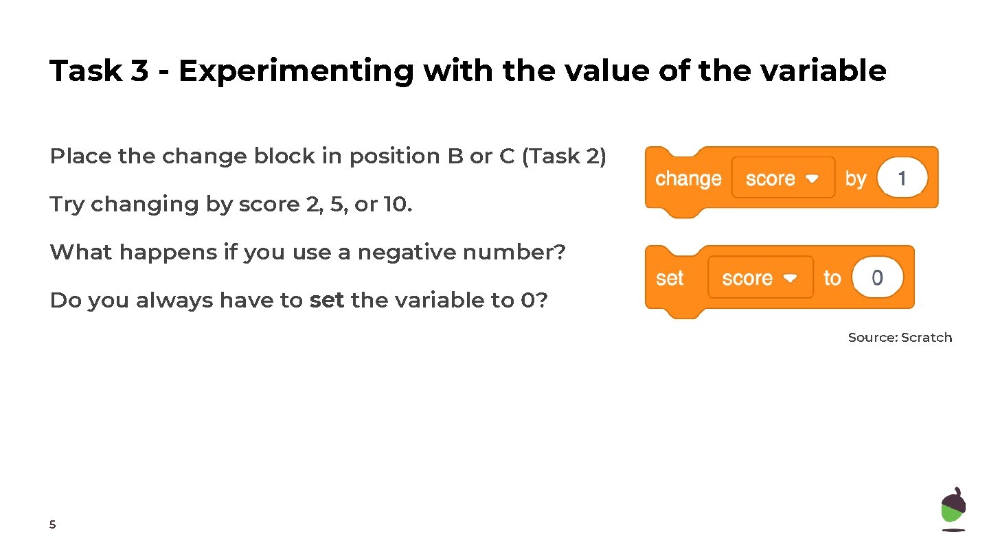 Task 3 - Experimenting with the value of the variable Place the change block Task 3 - Experimenting with the value of the variable Place the change block