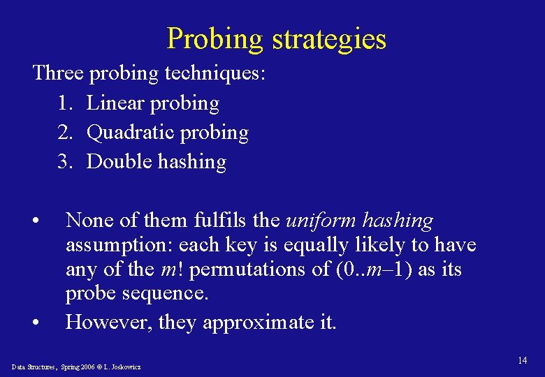 Probing strategies Three probing techniques: 1. Linear probing 2. Quadratic probing 3. Double hashing