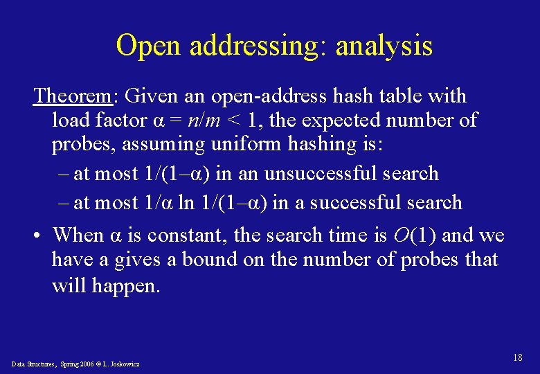 Open addressing: analysis Theorem: Given an open-address hash table with load factor α =