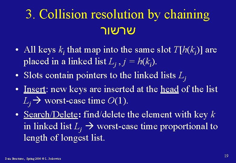 3. Collision resolution by chaining שרשור • All keys ki that map into the