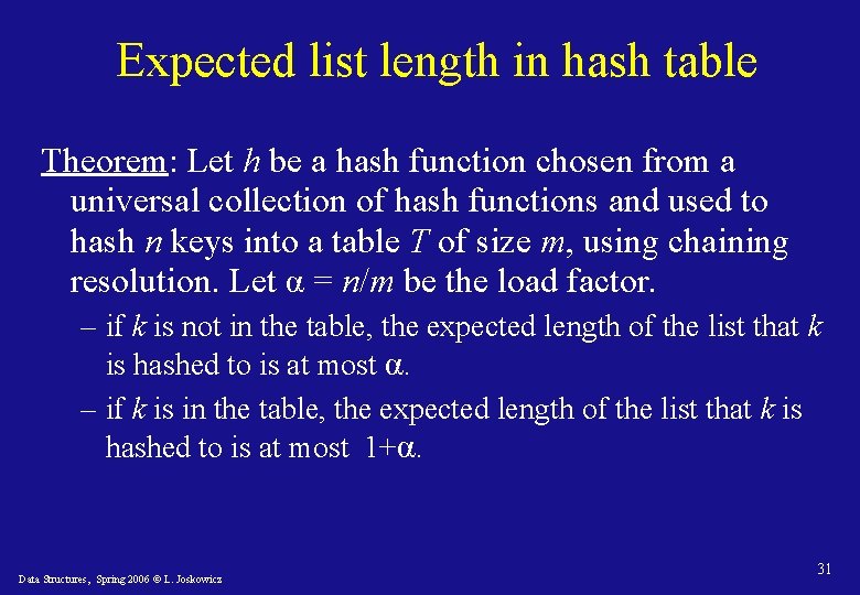 Expected list length in hash table Theorem: Let h be a hash function chosen