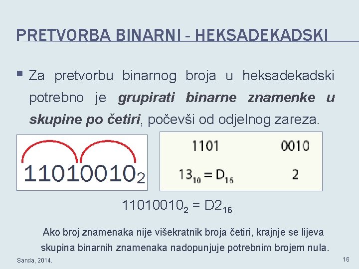 PRETVORBA BINARNI - HEKSADEKADSKI § Za pretvorbu binarnog broja u heksadekadski potrebno je grupirati