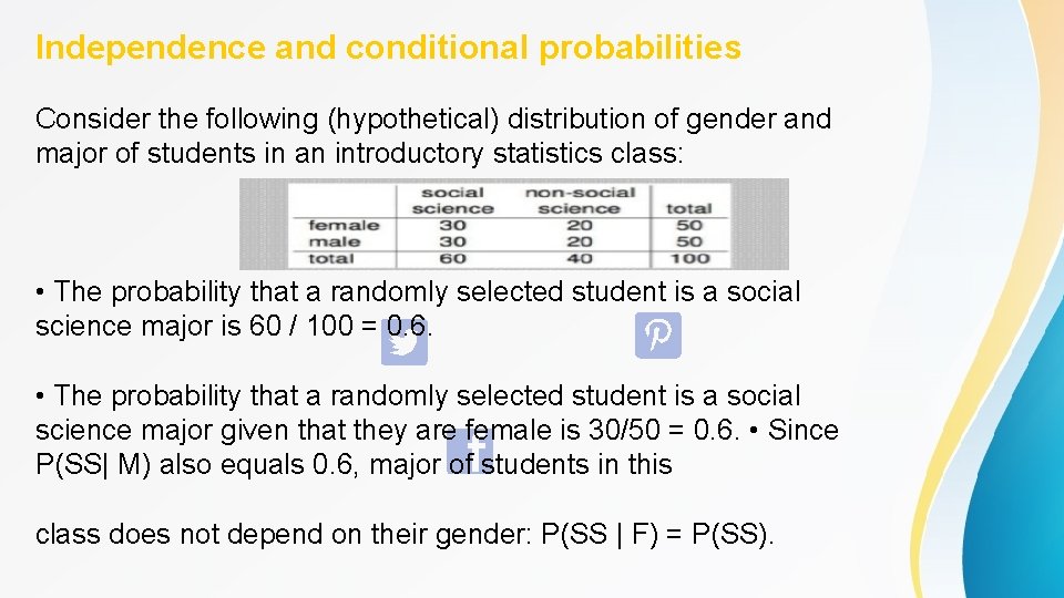 Independence and conditional probabilities Consider the following (hypothetical) distribution of gender and major of