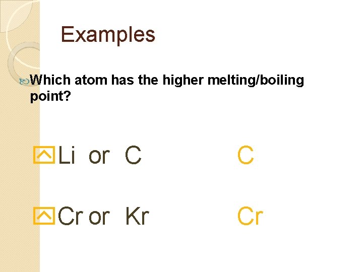 Examples Which atom has the higher melting/boiling point? y. Li or C C y.