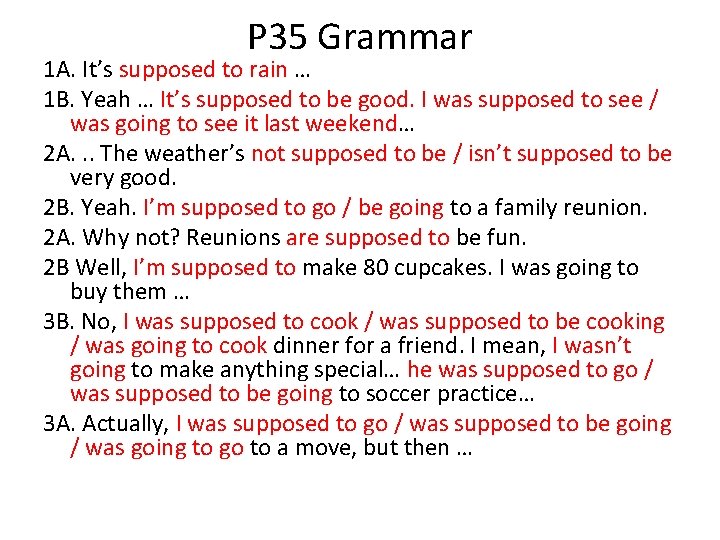 P 35 Grammar 1 A. It’s supposed to rain … 1 B. Yeah …