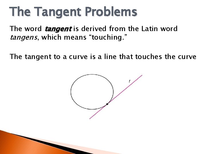 The Tangent Problems The word tangent is derived from the Latin word tangens, which