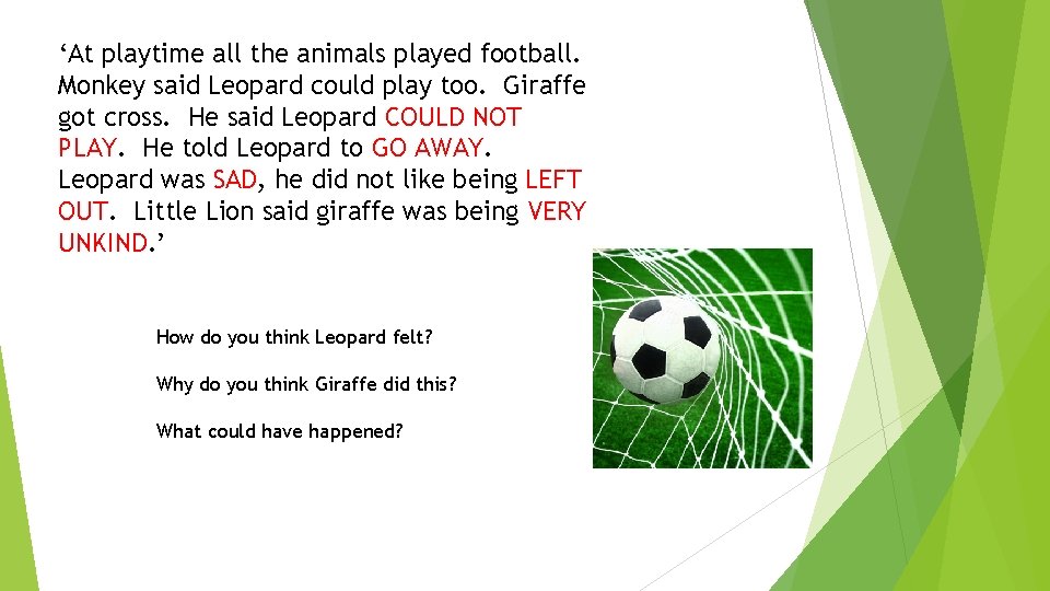 ‘At playtime all the animals played football. Monkey said Leopard could play too. Giraffe