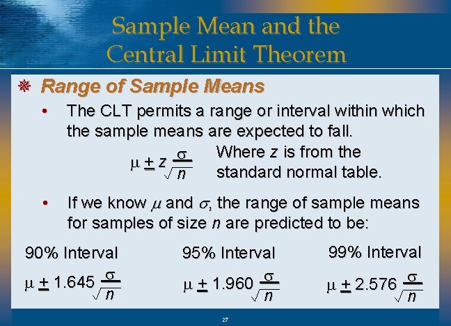 Sample Mean and the Central Limit Theorem ¯ Range of Sample Means • The