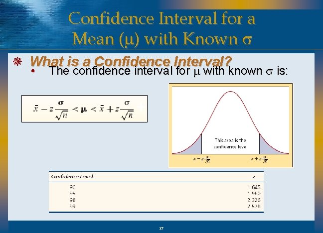 Confidence Interval for a Mean (m) with Known s ¯ What is a Confidence