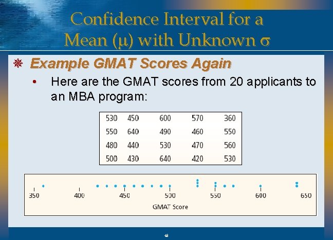 Confidence Interval for a Mean (m) with Unknown s ¯ Example GMAT Scores Again