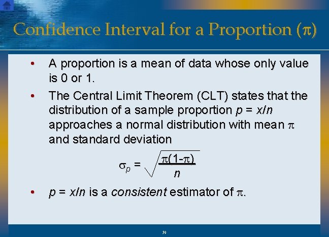 Confidence Interval for a Proportion (p) • • A proportion is a mean of