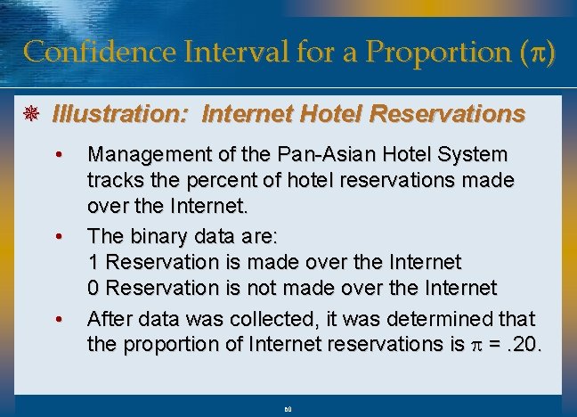 Confidence Interval for a Proportion (p) ¯ Illustration: Internet Hotel Reservations • • •