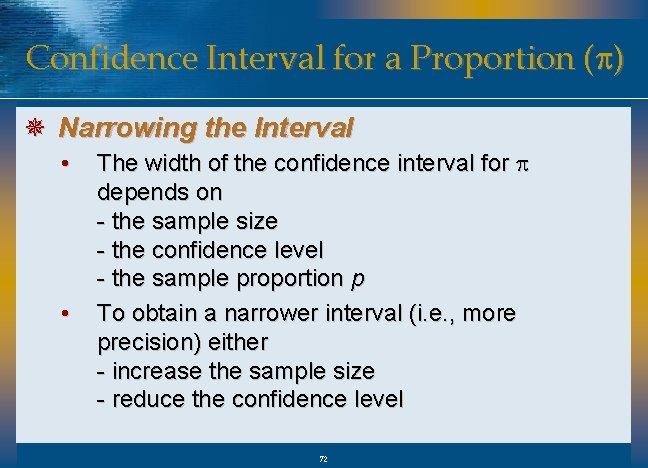 Confidence Interval for a Proportion (p) ¯ Narrowing the Interval • • The width